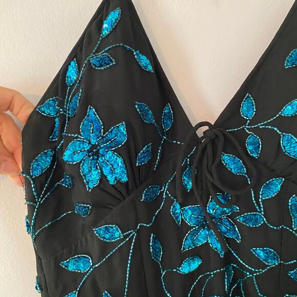Cache Y2K Black Blue 100% Silk Beaded Floral Halter Midi Dress Women's size XS - Picture 6 of 12